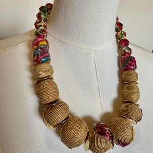 Chico’s Mixed Media Chunky Statement Necklace Floral & Raffia